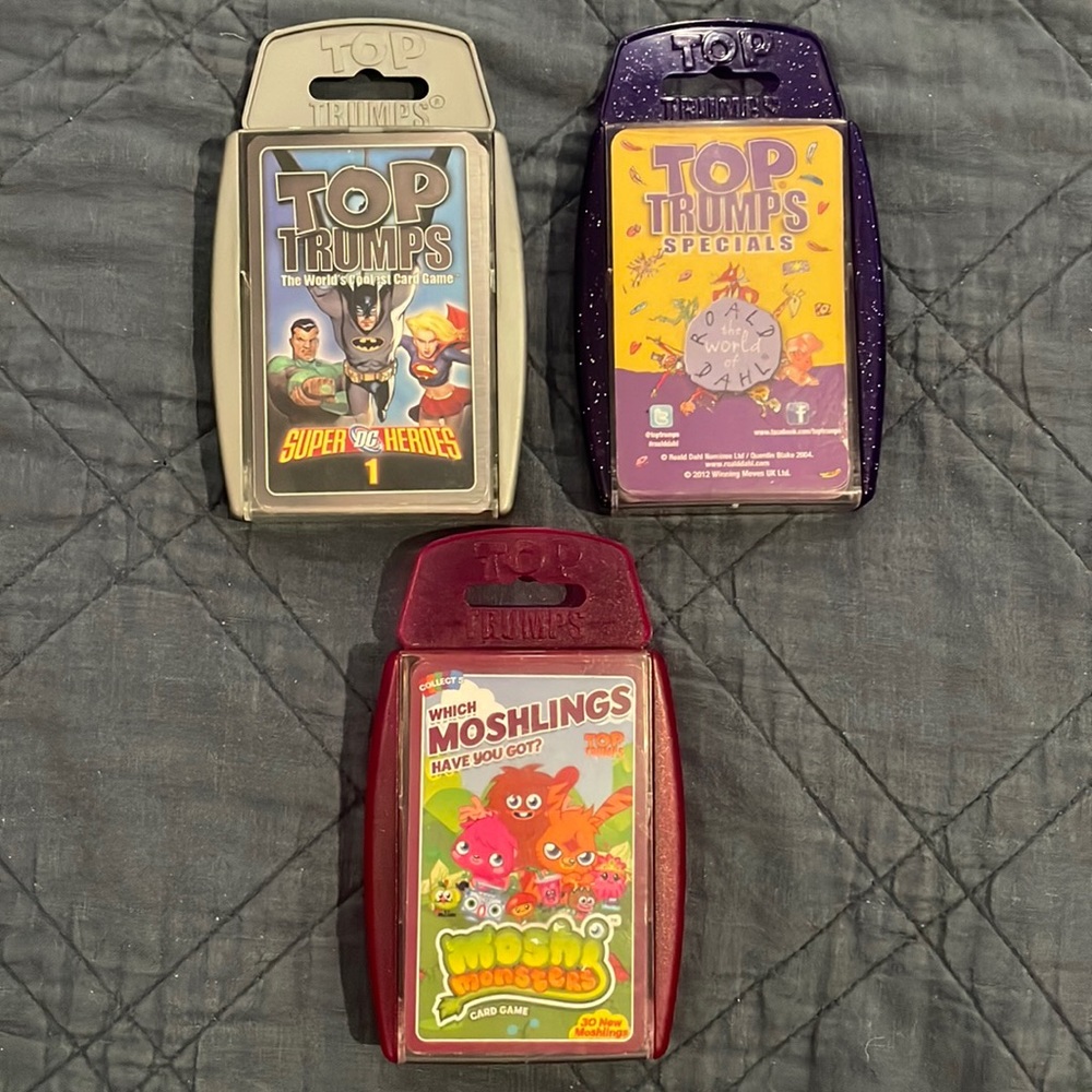 Set of 3, Top Trumps card games, Super DC Heroes, Roald Dahl, Moshlings